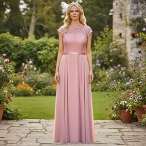 Miusol Ladies Long Formal Pink Gown Sz XL Pick Lace Top Ribbon Waist NWT!